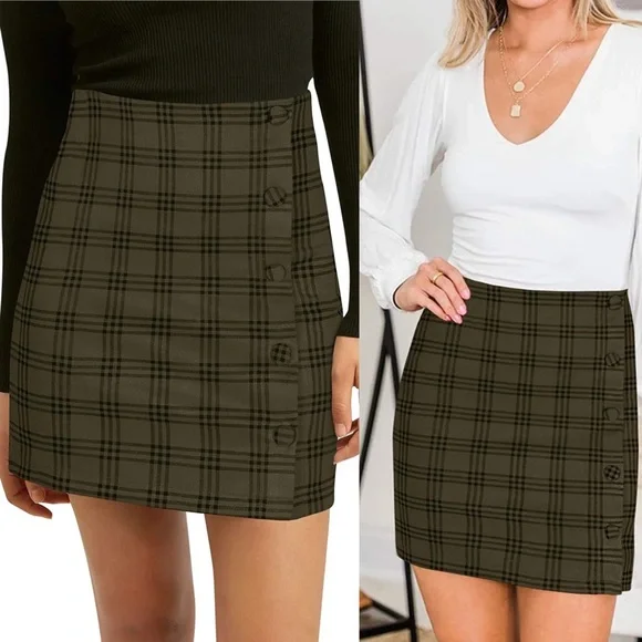 Women’s High Waisted Fashion Faux Suede Plaid Skirt - Picture 1 of 7